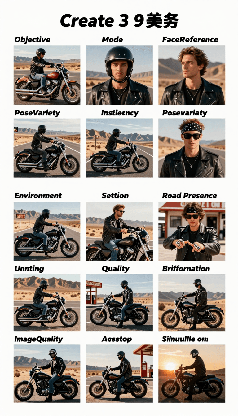 Ophelia free AI image generator prompt:{ "Objective": "Create a 3x3 grid photo collage with motorcycle biker aesthetics…