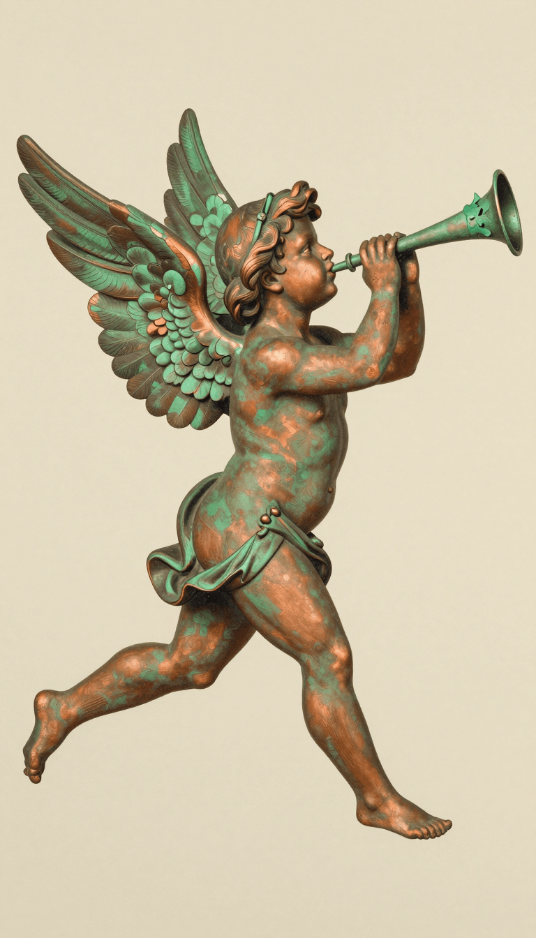 Ophelia générateur d’images IA gratuit – prompt:A painting on a light beige background depicts a winged figure in profile, blowi…