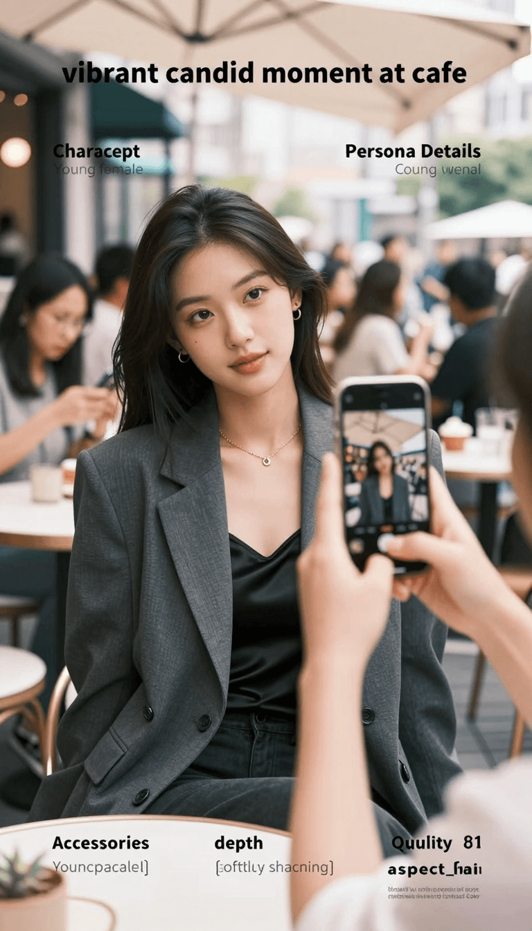 Ophelia generator gambar AI gratis – prompt:{ "concept": "vibrant candid moment at an outdoor cafe", "Persona_Details": { "C…