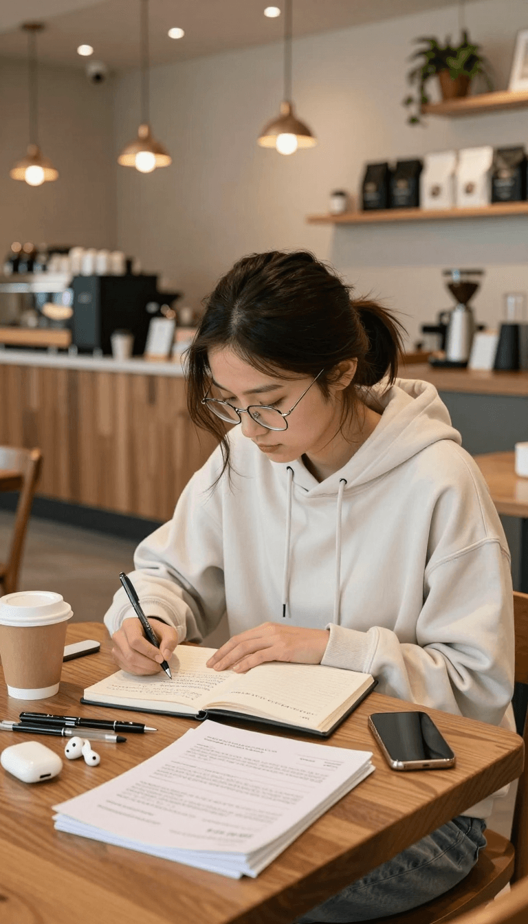 Ophelia trình tạo ảnh AI miễn phí – prompt:{ "scene": "cozy modern cafe interior, warm ambient lighting, calm focused study…