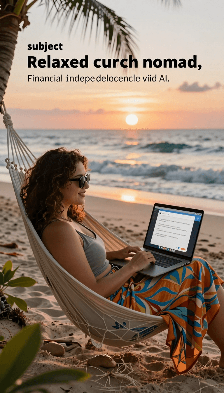 Ophelia générateur d’images IA gratuit – prompt:{ "scene": "Woman on beach hammock with laptop, generating AI art on screen", "s…