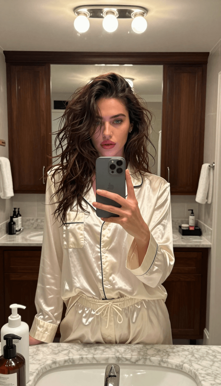 Ophelia free AI image generator prompt:{ "prompt": "Mirror selfie portrait in a bathroom, woman with voluminous messy d…