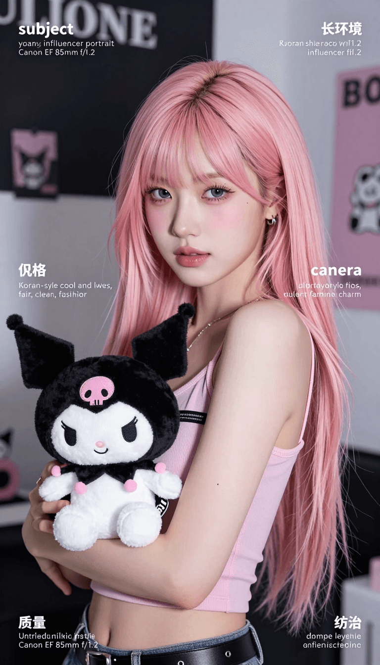 Ophelia gerador de imagens IA grátis – prompt:{ "image_generation": { "subject": { "description": "young woman influencer port…