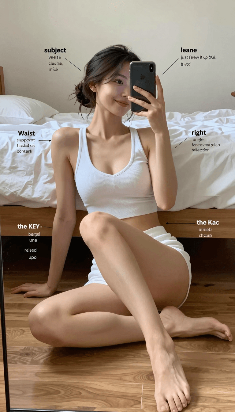 Ophelia бесплатный генератор изображений ИИ – промпт:{ "subject": { "description": "20yo woman sitting on bedroom floor taking mirror…