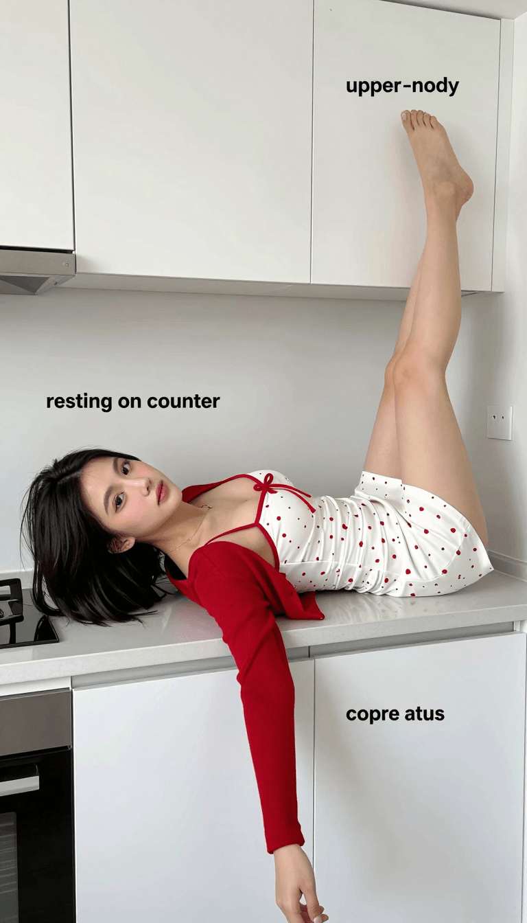 Ophelia generatore di immagini IA gratuito – prompt:{ "prompt": { "scene": "white kitchen countertop", "pose": { "head": "resting on…