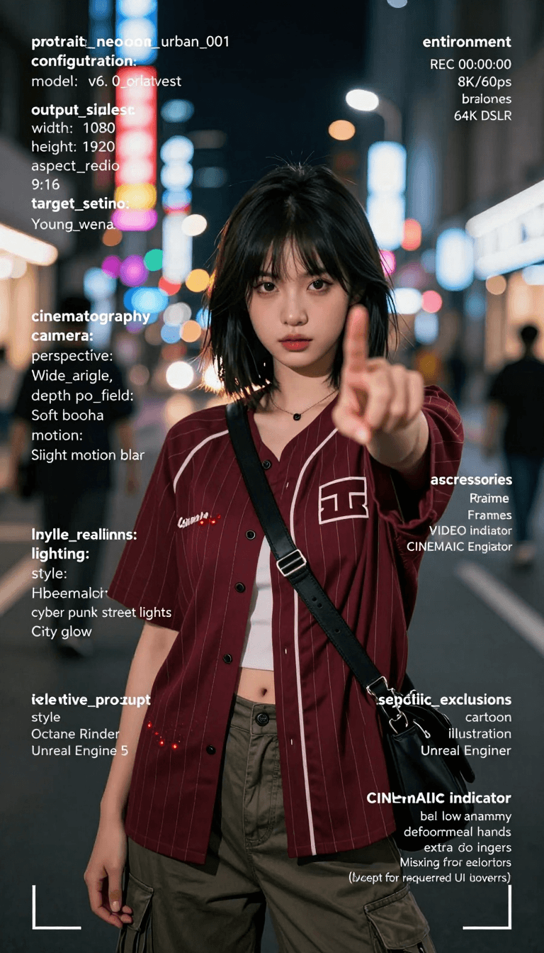 Ophelia free AI image generator prompt:{ "request_id": "portrait_neon_urban_001", "configuration": { "model": "v6. 0_or…