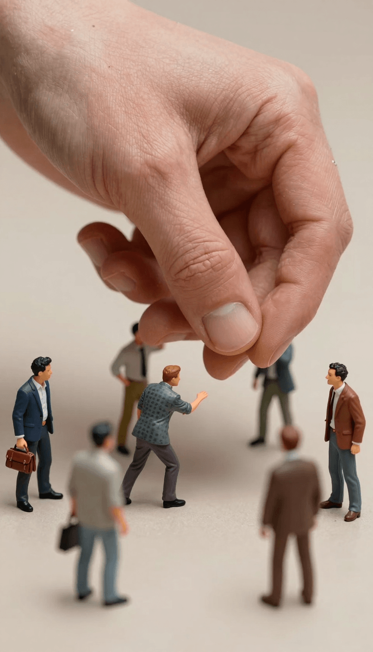 Ophelia 免费 AI 图片生成器提示词:A miniature diorama showing tiny [PEOPLE / CHARACTERS] struggling with an oversi…