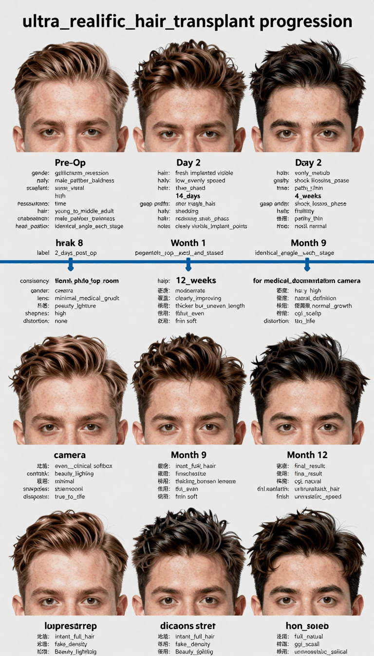 Ophelia gerador de imagens IA grátis – prompt:{ "task": "ultra_realistic_hair_transplant_progression", "output": { "type": "si…