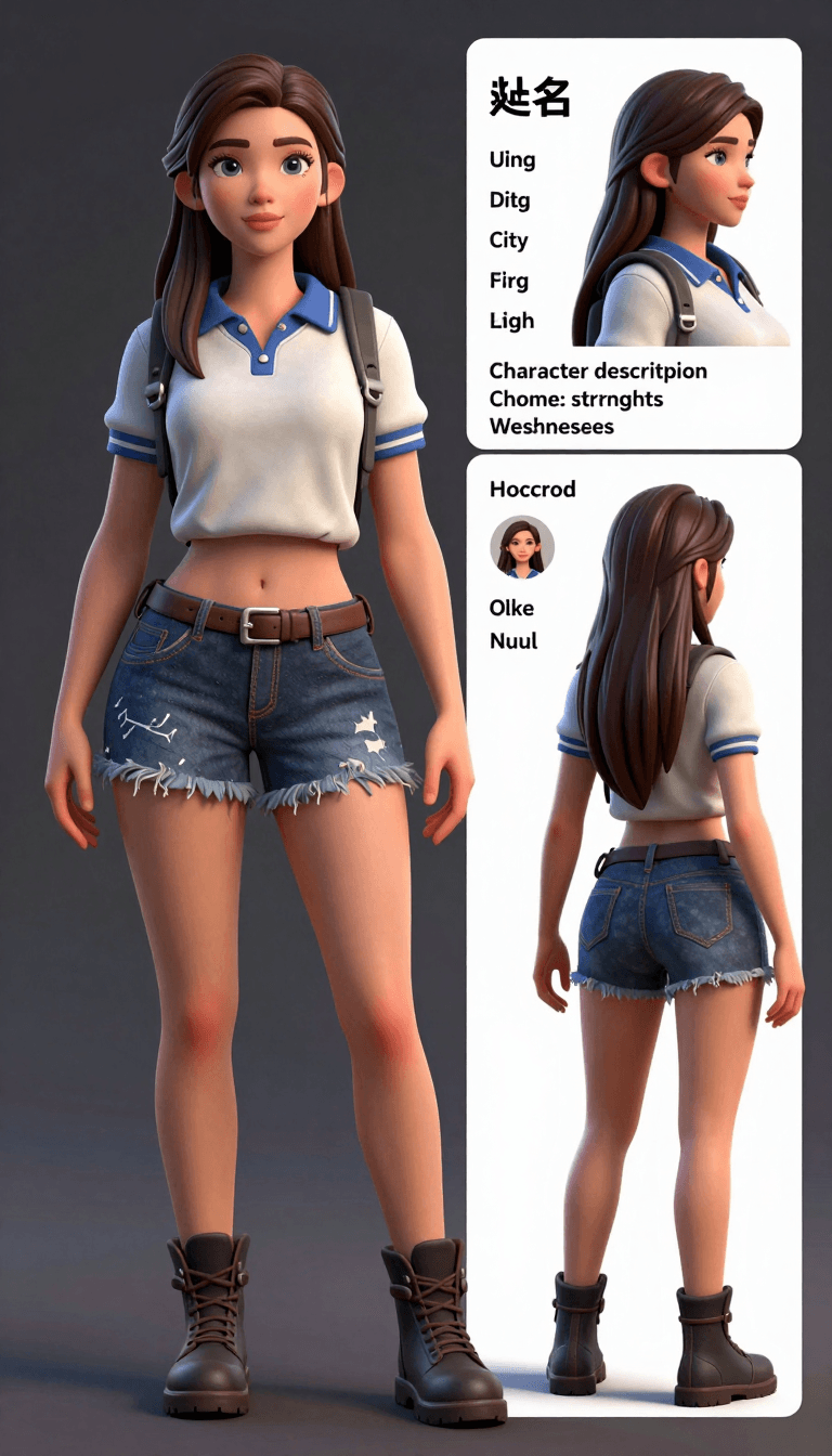 Opheliaai prompt:a highly detailed 3D gaming character sheet, - on the left side a beautiful fema…