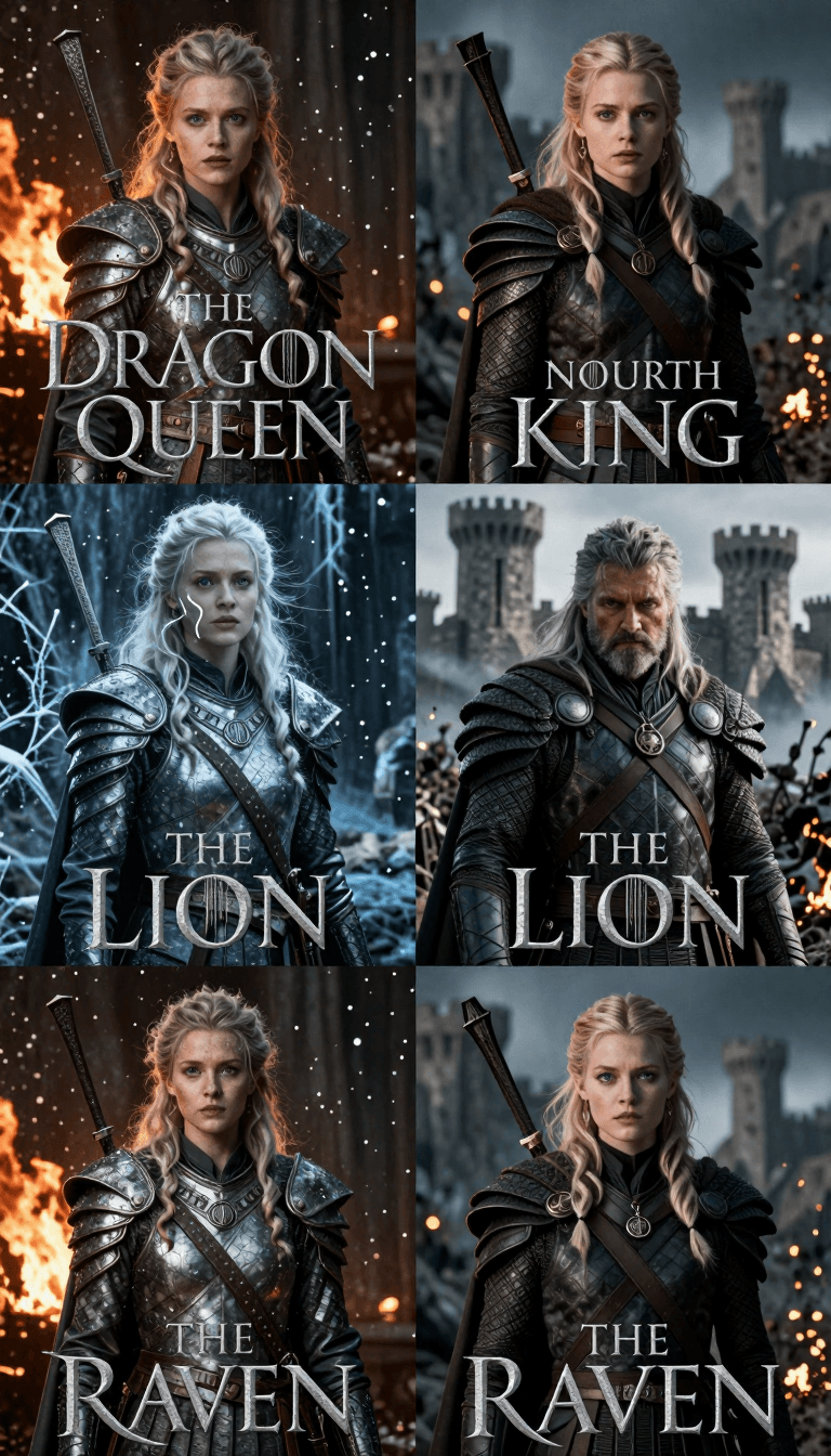 Opheliaai prompt:Cinematic fantasy character poster grid, inspired by Game of Thrones, 4-panel la…