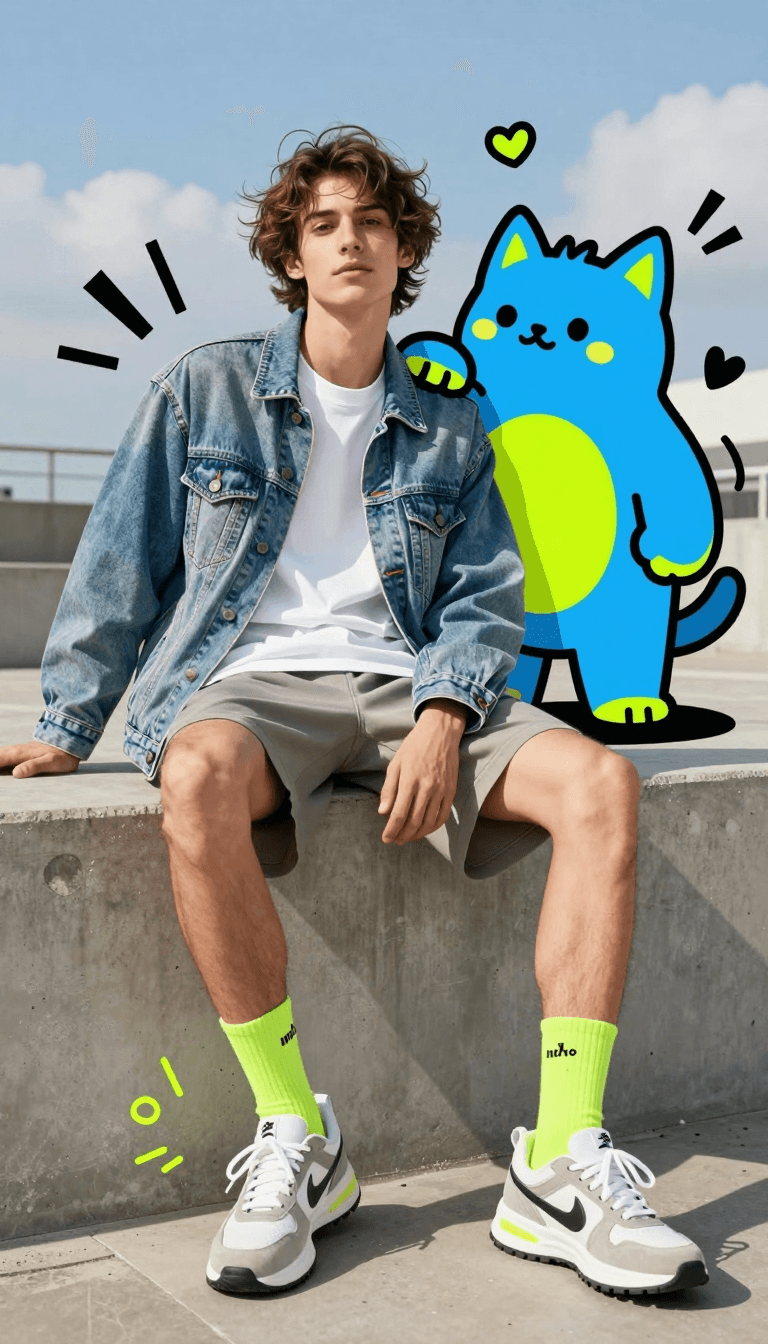 Opheliaai prompt:Full-body fashion editorial shot of a confident young person model sitting casua…