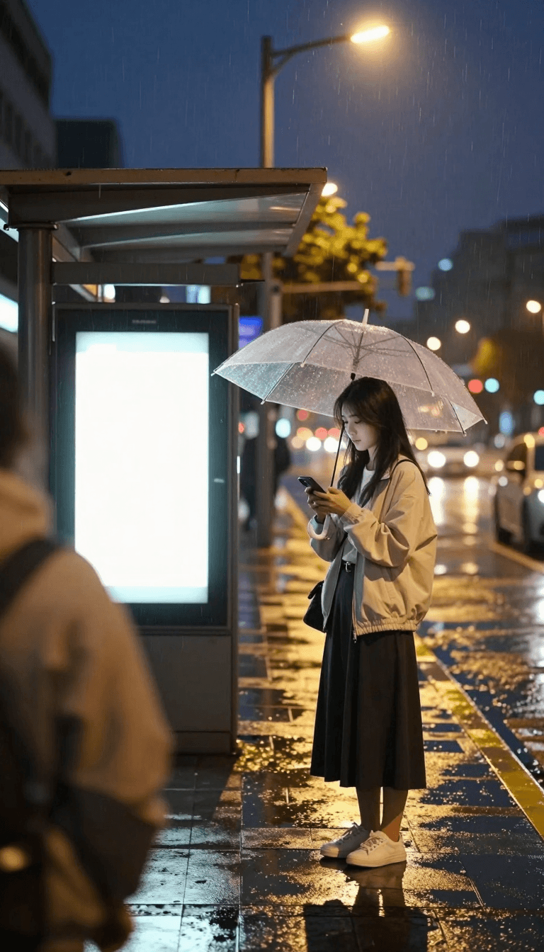 Opheliaai prompt:At a city bus stop on a rainy night, a young adult woman stands alone under the…