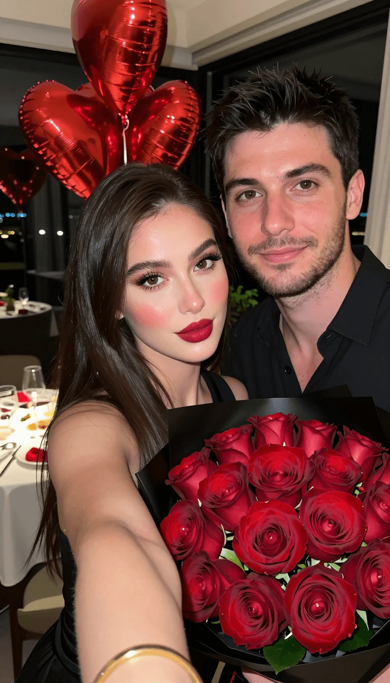 Opheliaai prompt:A vertical 2:3 romantic selfie photo of a couple celebrating at night, indoors,…