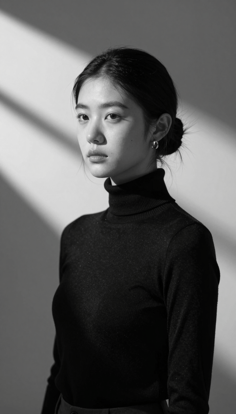 Opheliaai Prompt:A high resolution black and white portrait of a girl wearing a sharp black turtl…