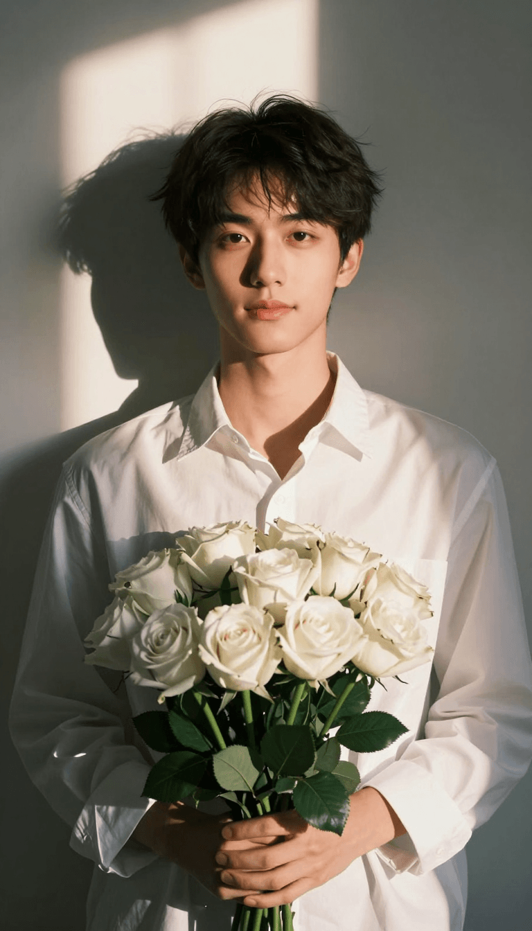 Opheliaai prompt:A young woman stands leaning slightly against a wall, wearing a white men's…