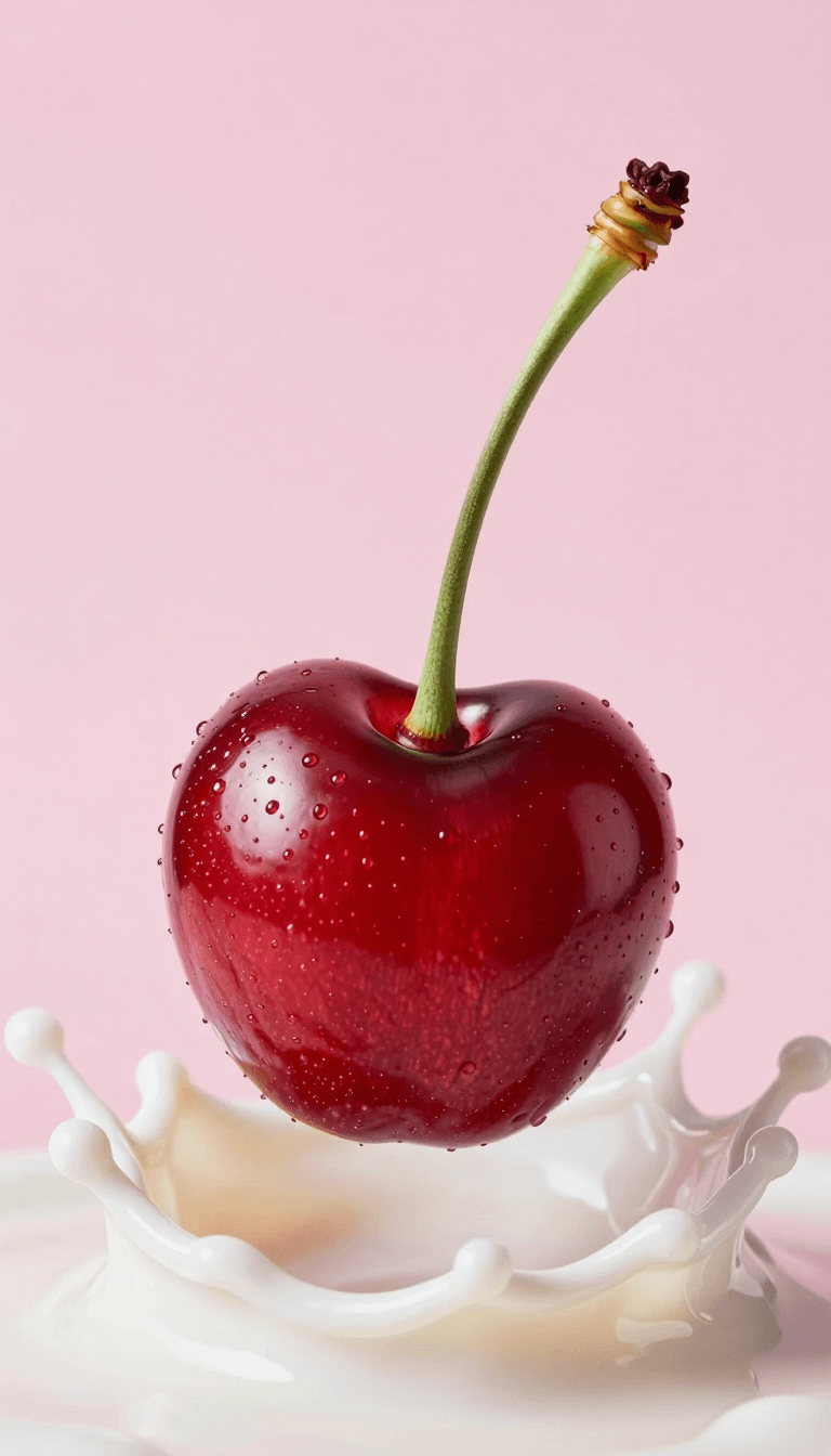 Opheliaai พรอมต์:A single ripe cherry suspended in a creamy milk splash, ultra-macro food photogr…