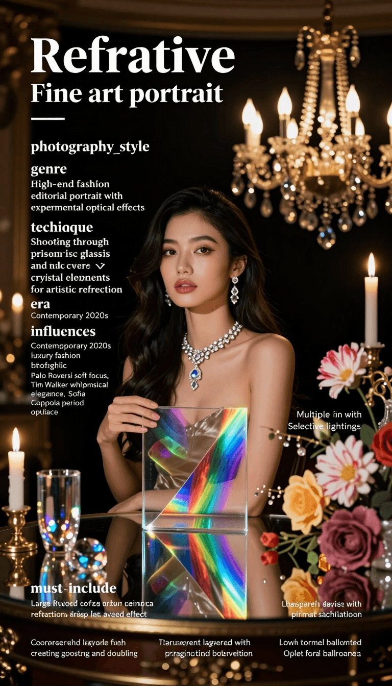 Opheliaai prompt:"Refractive photography", "Fine art portrait" ], "photography_style": { "genre":…