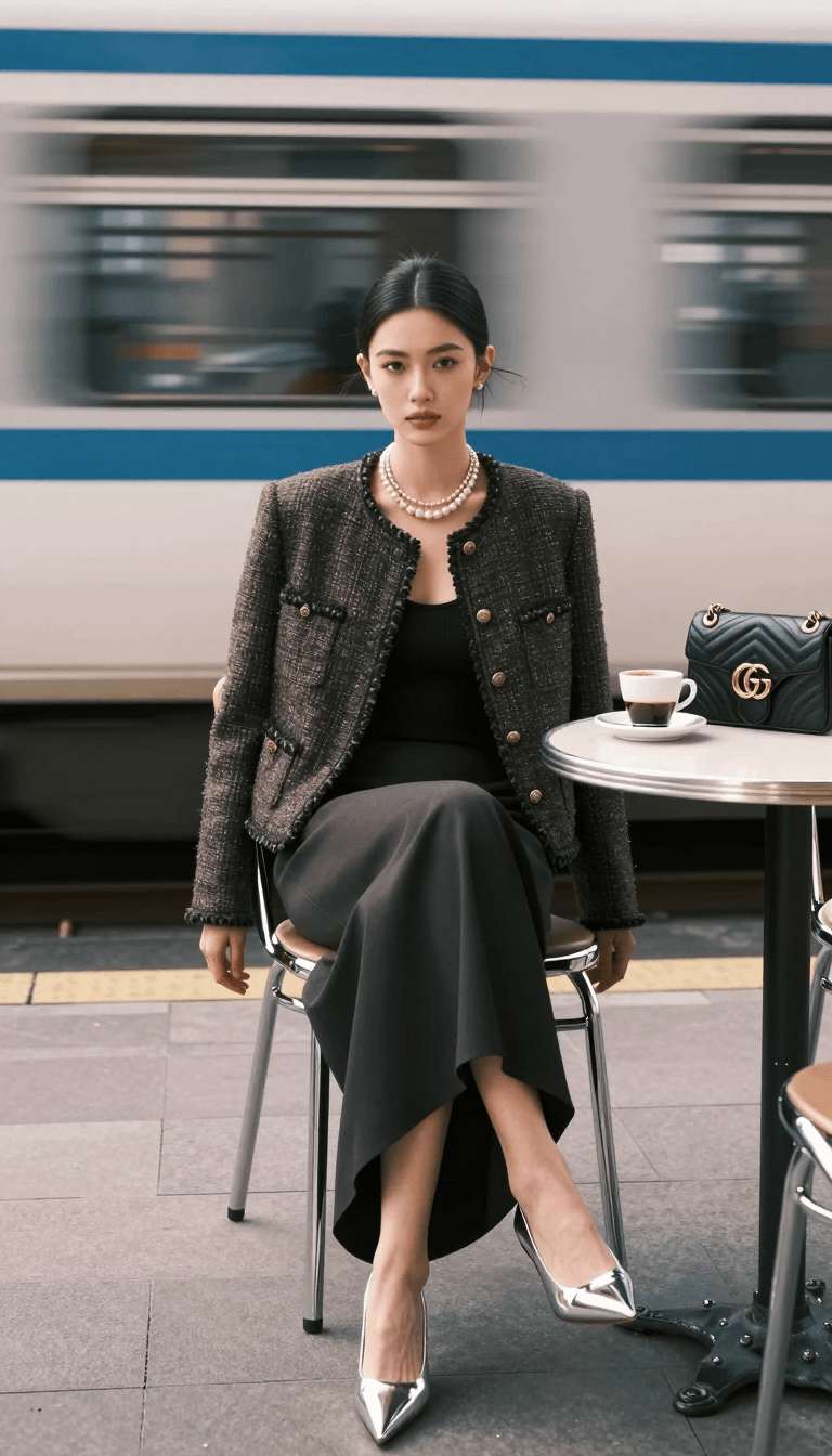 Opheliaai prompt:Ultra - realistic editorial street - fashion portrait at an outdoor café. A pois…