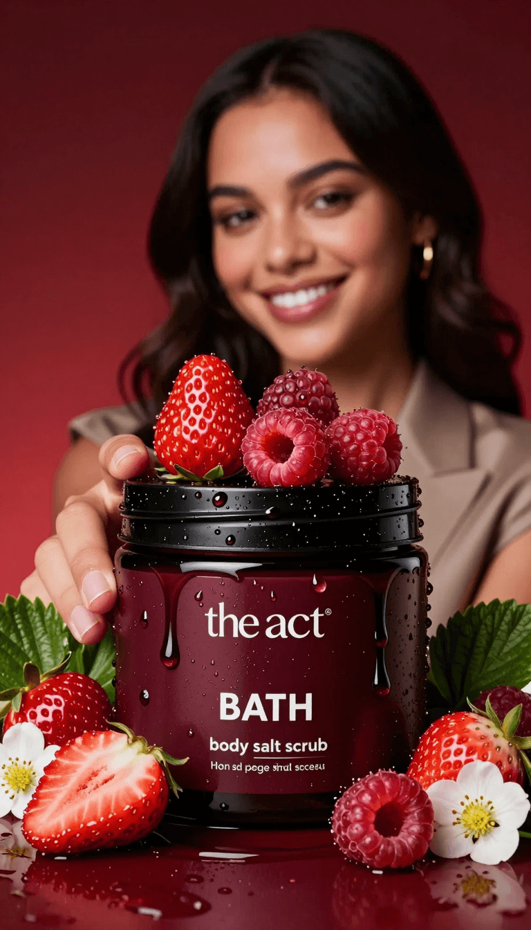 Opheliaai prompt:Ultra-realistic luxury skincare ad: a deep burgundy jar labeled “the act” with t…