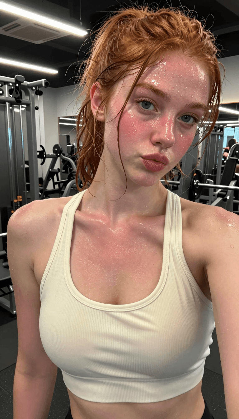 Opheliaai prompt:{ "image_analysis": { "overall_scene": "A close-up, post-workout selfie of a you…