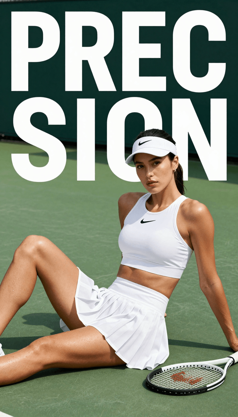 Opheliaai промпт:High-fashion sports editorial campaign, female tennis athlete in crisp white ple…