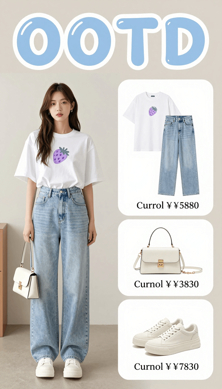 Opheliaai موجه:Generate A high-quality fashion infographic titled "OOTD" in soft pastel blue bu…