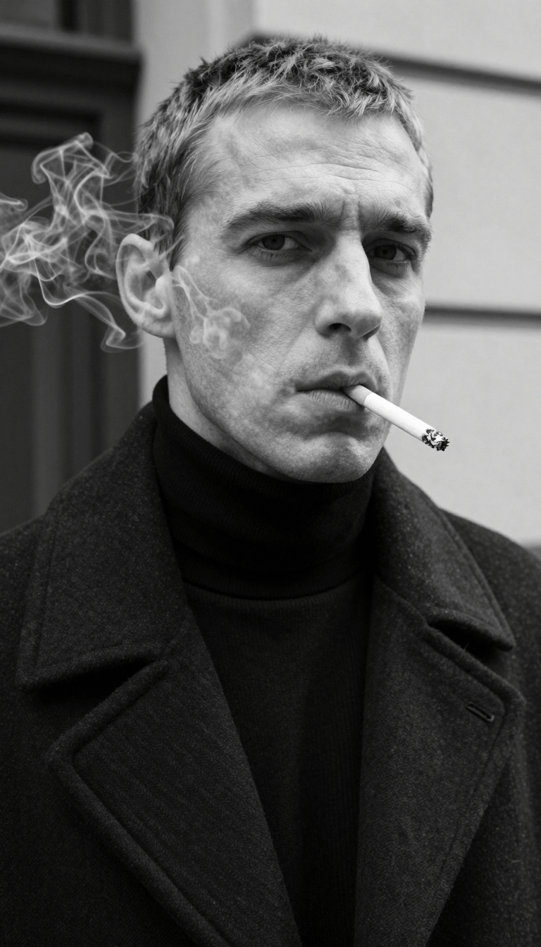 Opheliaai prompt:Ultra-realistic fashion black and white portrait of a man with short light hair,…