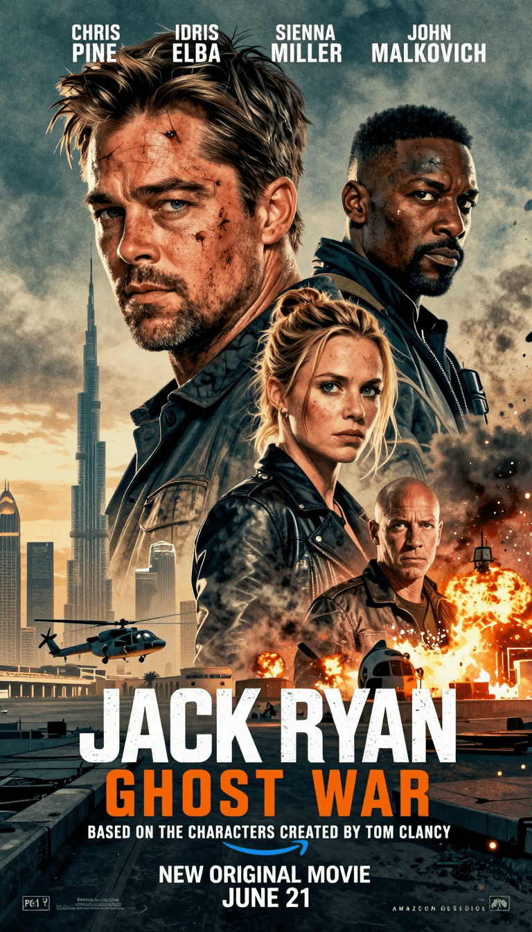 Opheliaai موجه:Create a cinematic movie poster for "Jack Ryan: Ghost War", a new Amazon Prime o…