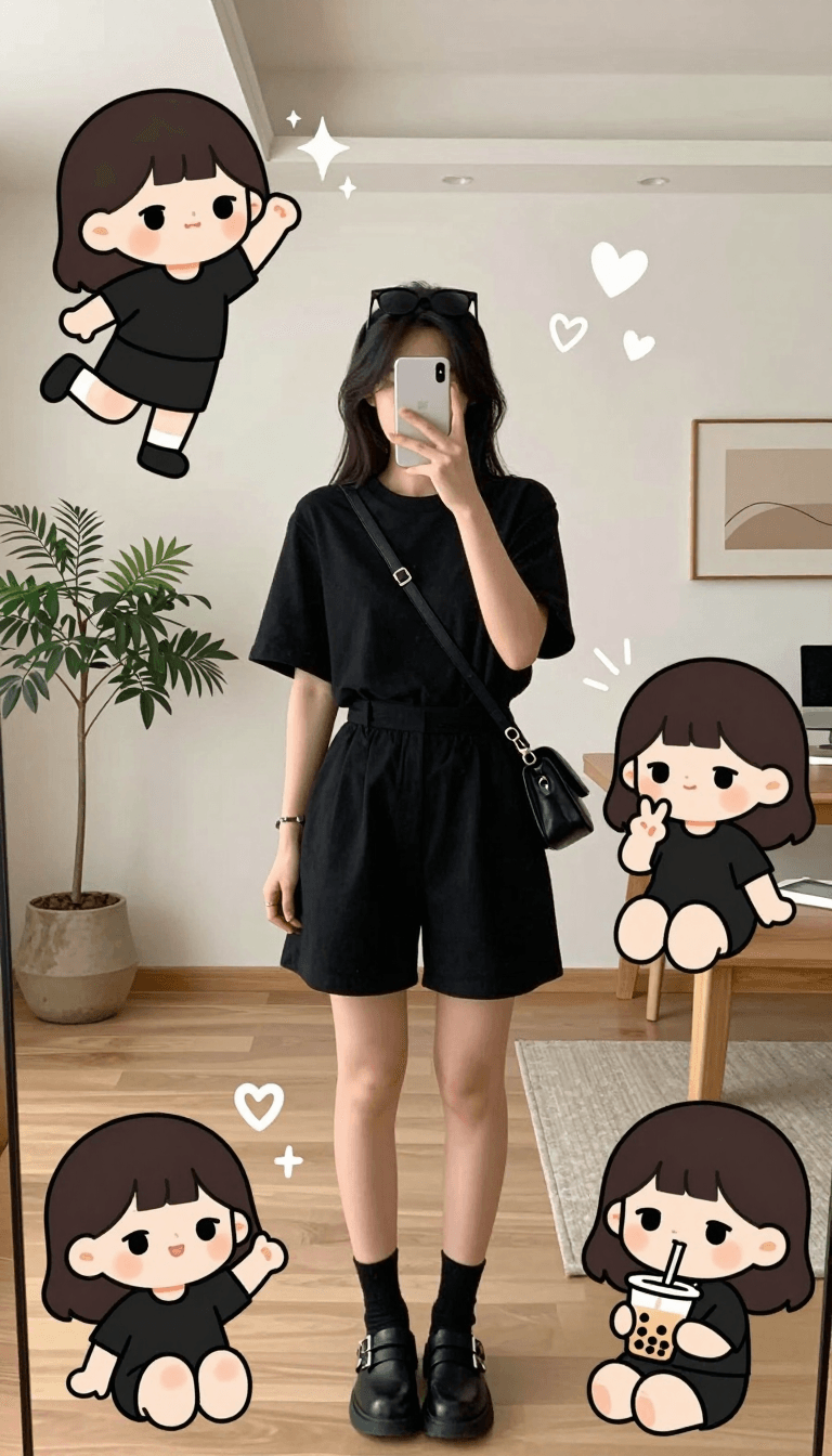 Opheliaai Prompt:A young woman taking a mirror selfie in a minimal modern home, wearing an all-bl…