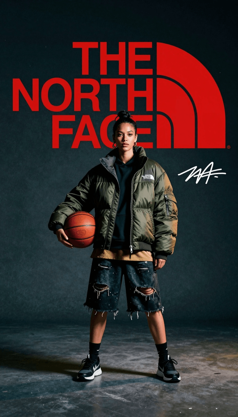 Opheliaai prompt:A high-fashion, cinematic brand concept poster for "The North Face." The scene f…