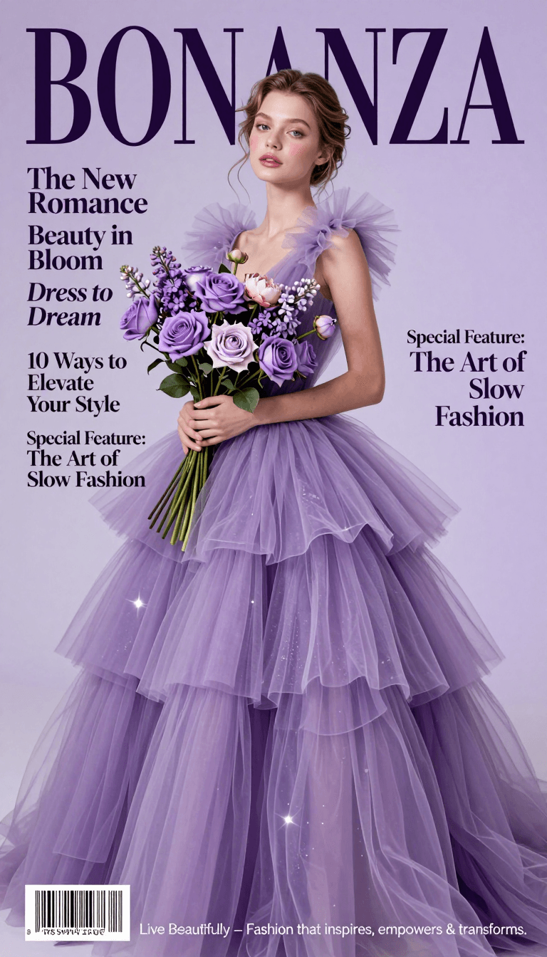 Opheliaai prompt:A luxury high-fashion magazine cover in a soft light purple (lavender) gradient…
