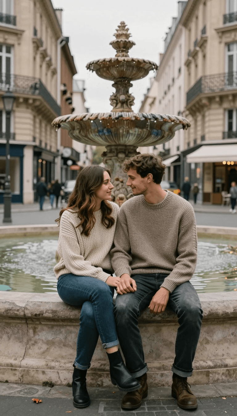 Opheliaai Prompt:Cinematic romantic street photography of a couple sitting hand-in-hand on the ed…