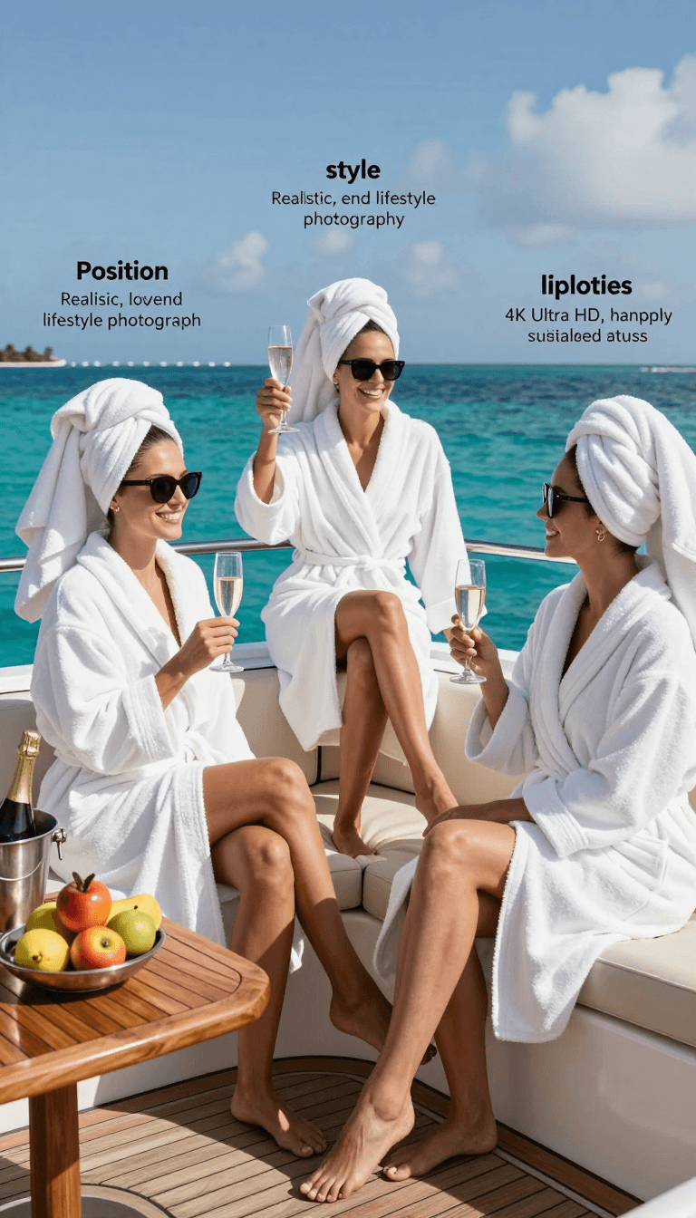 Opheliaai prompt:{ "image_prompt": { "subject": { "description": "Three women enjoying a luxury s…