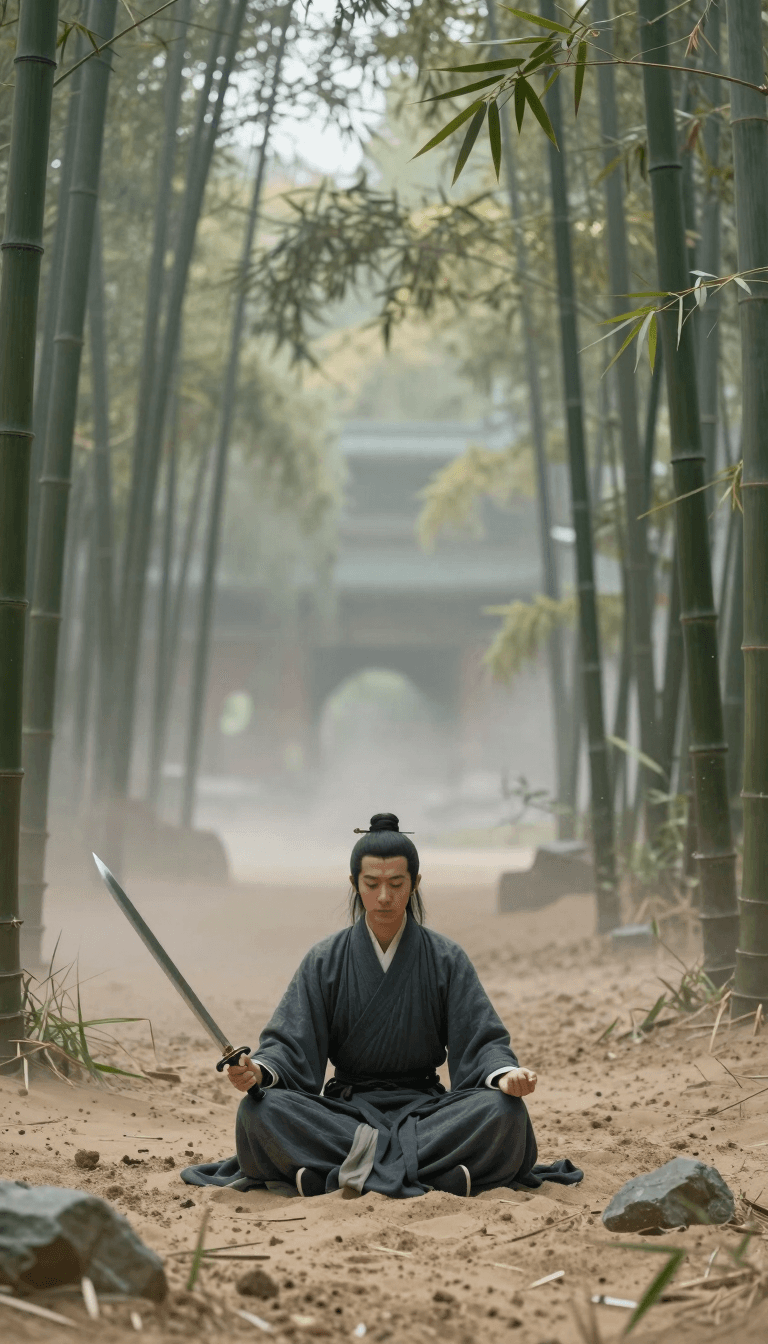 Opheliaai prompt:Meditating in a sandstorm, drawing a sword in a sea of bamboo. Walking from the…