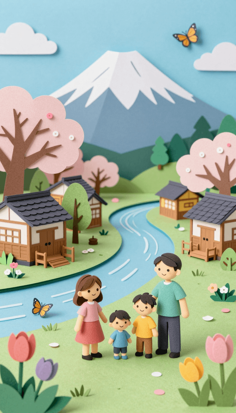 Opheliaai prompt:A whimsical 3D paper-cut family portrait scene in a traditional Japanese village…