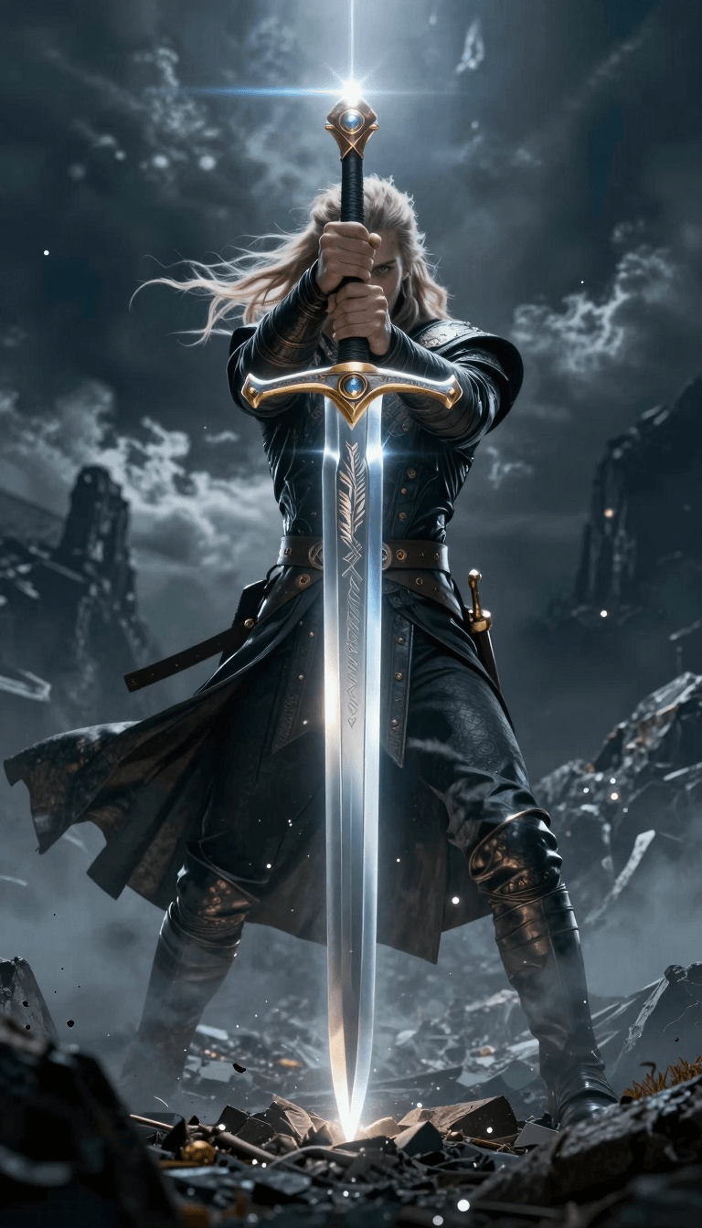Opheliaai Prompt:The legend begins here! Raise the sword of light! Convert to a fantasy movie pos…