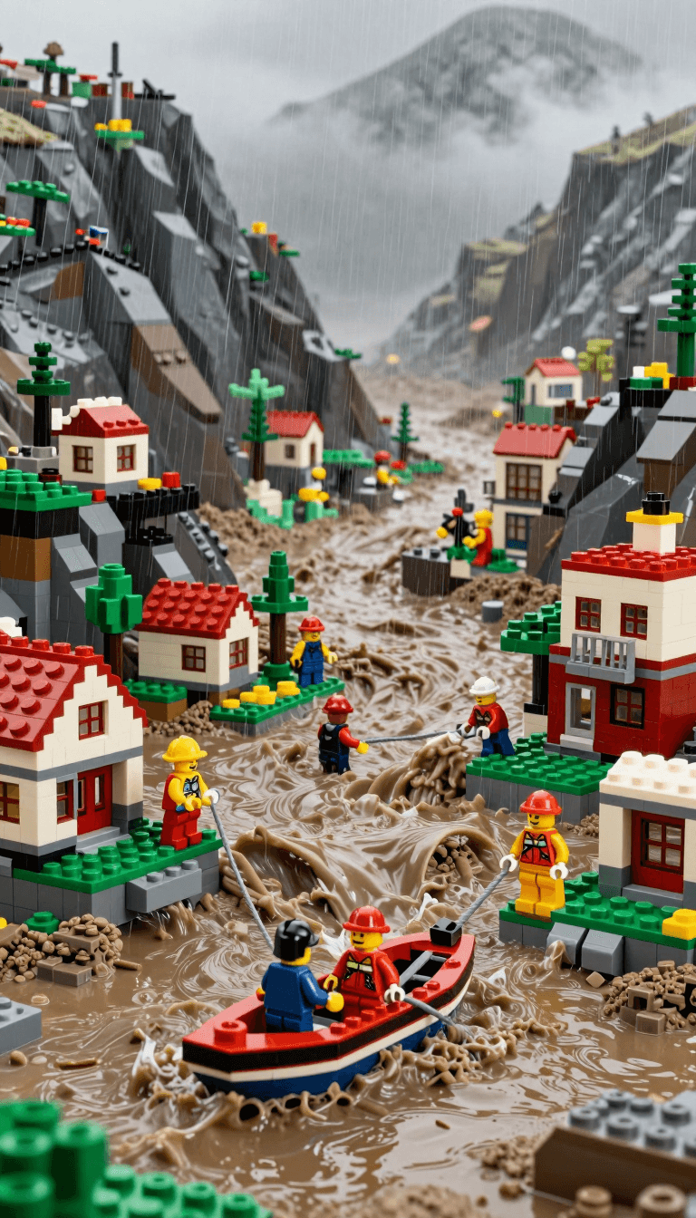 Opheliaai موجه:LEGO mountain flood rescue scene, torrential rain causing river overflow in a LE…