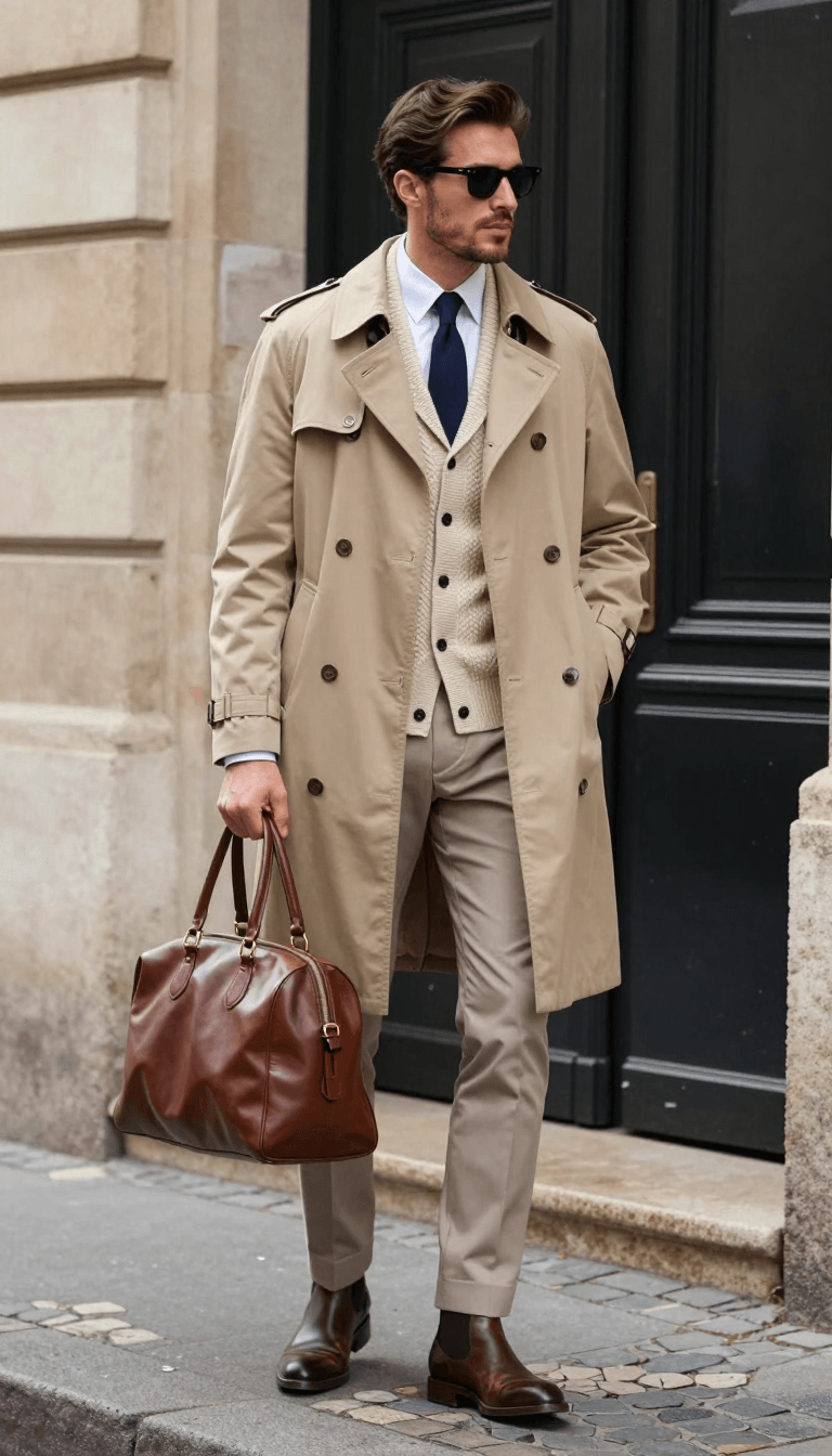 Opheliaai พรอมต์:A stylish European street portrait of a handsome man standing on a cobblestone s…