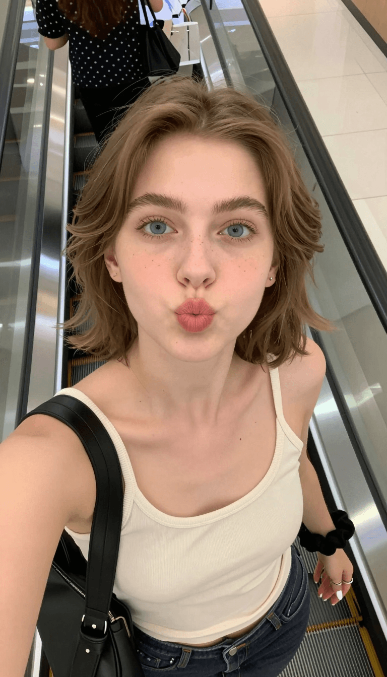 Opheliaai Prompt:{ "prompt": "Candid selfie photo from above, young woman with brown goldish shor…