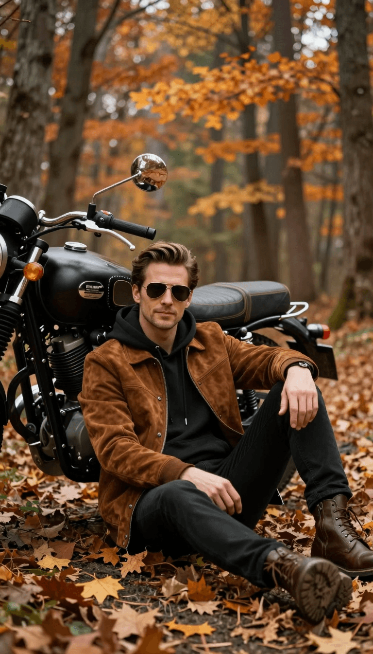 Opheliaai prompt:A cinematic autumn portrait of a stylish man sitting on a forest path covered wi…