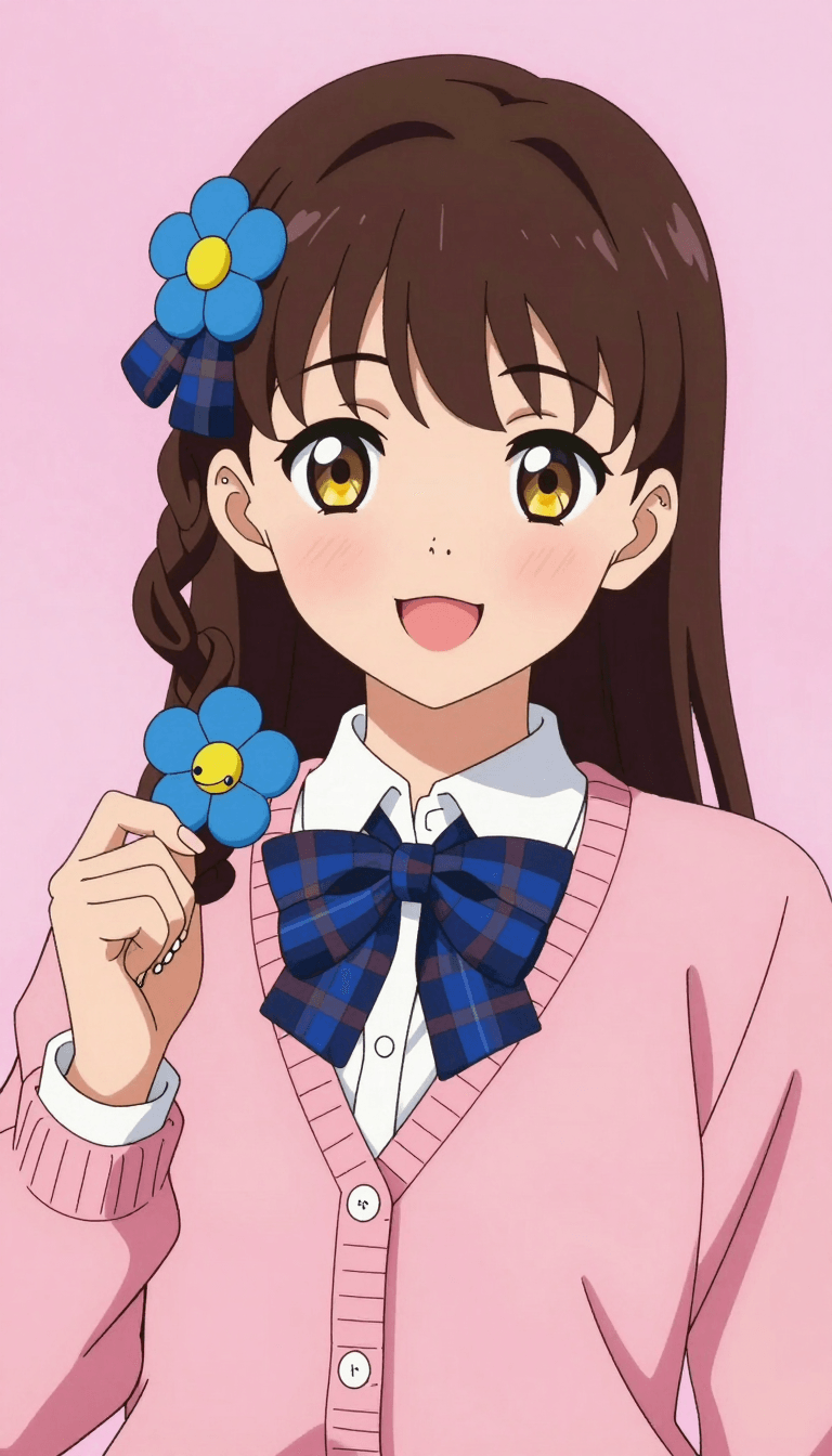 Opheliaai prompt:1girl,solo,hair ornament,bow,blush,yellow eyes,smile,open mouth,ponytail,brown h…