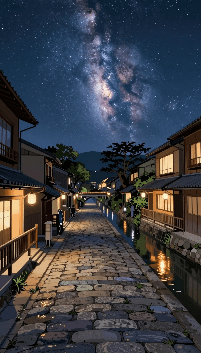Opheliaai prompt:This is a digital painting of a serene night scene along a canal in a traditiona…