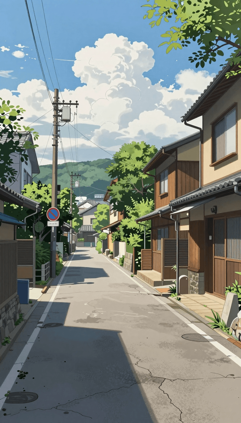 Opheliaai พรอมต์:illustration,this is a digital anime-style illustration of a serene, narrow resi…