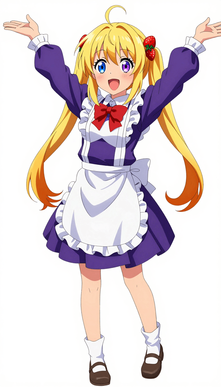 Opheliaai prompt:Detail enhancement,1girl, blonde, food, cake, pigtails, dress, long hair, open m…