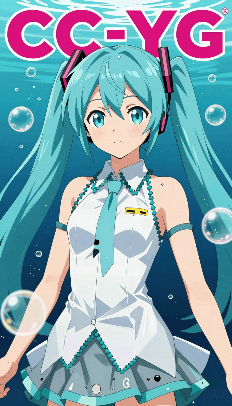 Opheliaai prompt:CC-HT,CC-YG,1girl,solo,long hair,jewelry,hatsune miku,dress,blue eyes,bubble,nec…