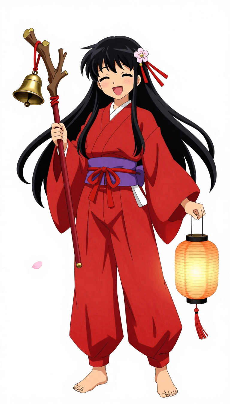 Opheliaai prompt:HEZI,1girl,long hair,solo,holding,bell,white background,red pants,wide sleeves,o…