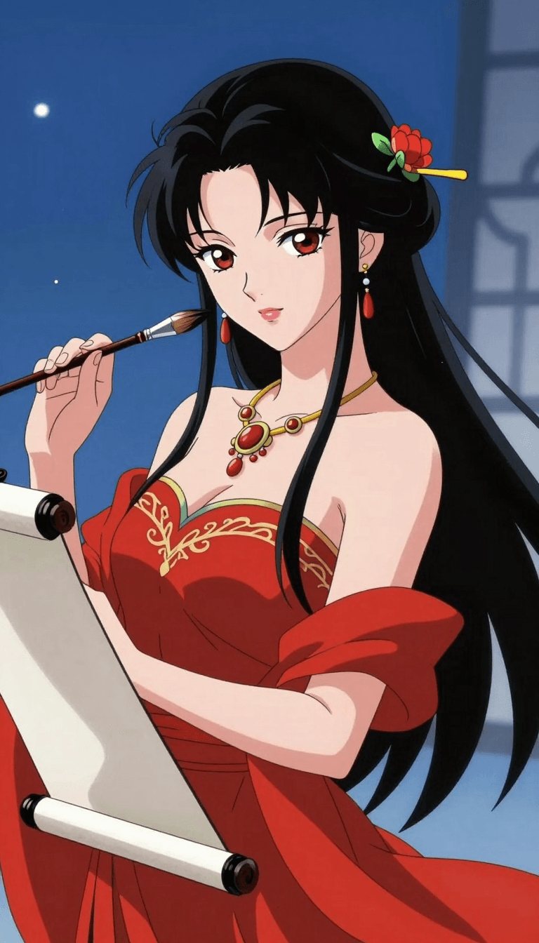 Opheliaai prompt:CC-HT,CC-YG,zxww,ddxg,1girl,solo,long hair,black hair,hair ornament,dress,holdin…