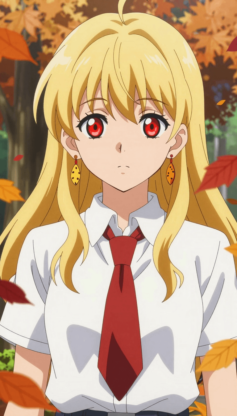 Opheliaai موجه:Yoneyama Mai,1girl,solo,earrings,long hair,jewelry,leaf,red eyes,parted lips,blo…