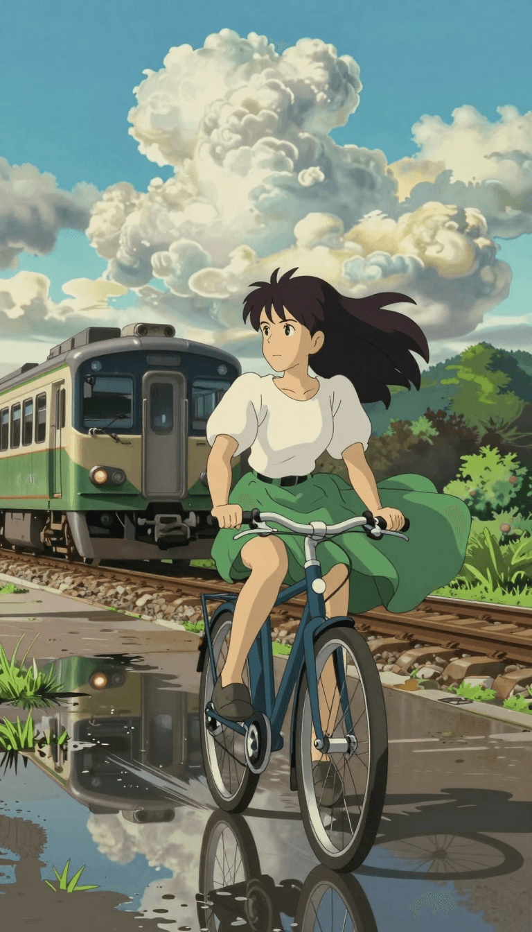 Opheliaai prompt:cycling,a young woman cycling near train tracks as a modern passenger train appr…