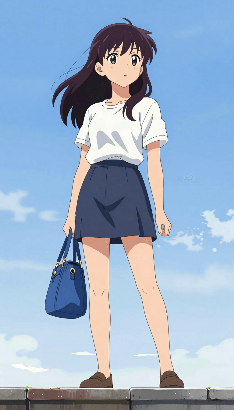 Opheliaai prompt:XIGUA,  A young woman with a blue handbag, standing on an elevated platform agai…